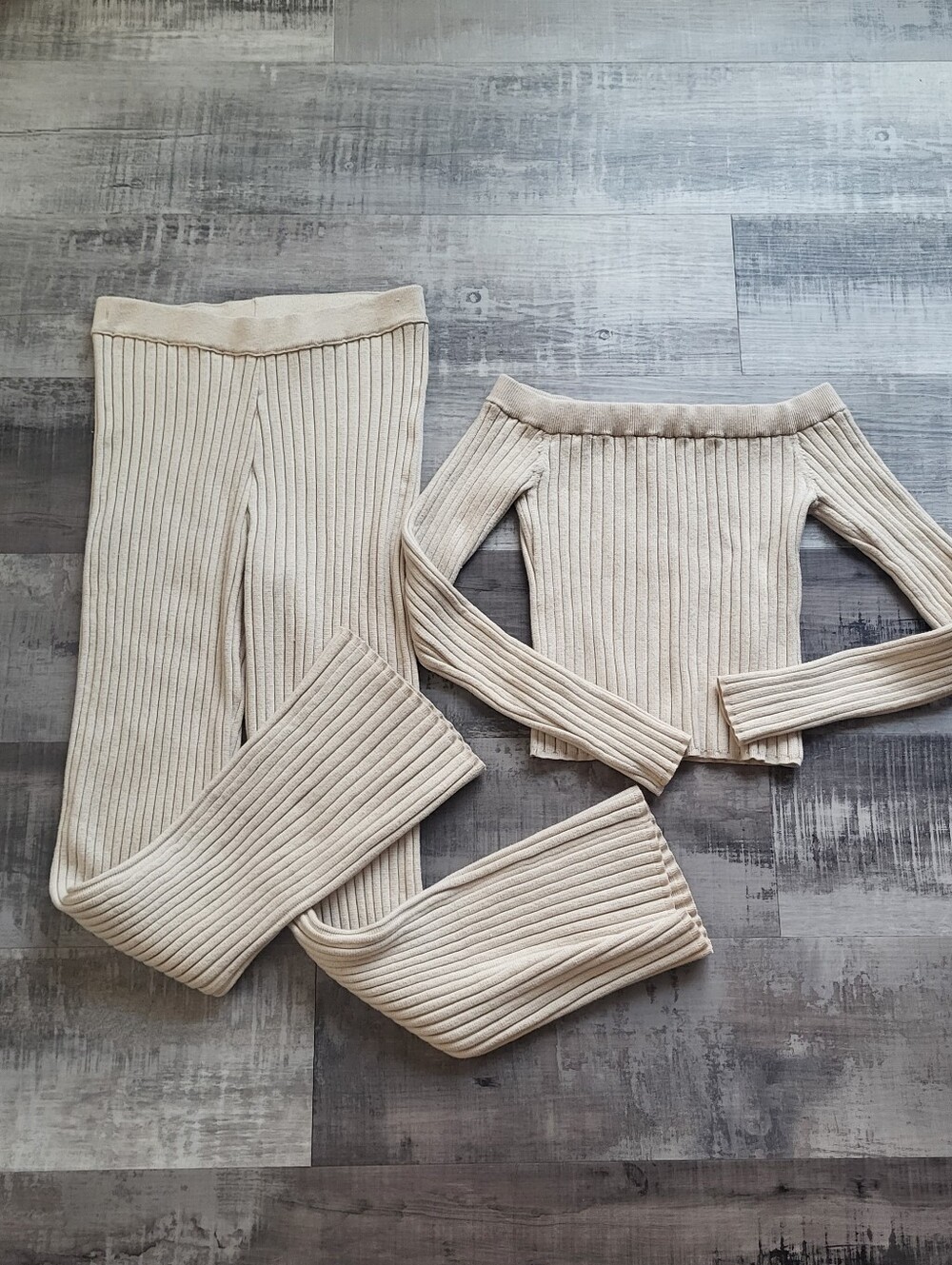 Aerie 2 Piece Matching Set Ribbed Knit Sweater Wide Leg Pants Small Wool Blend
